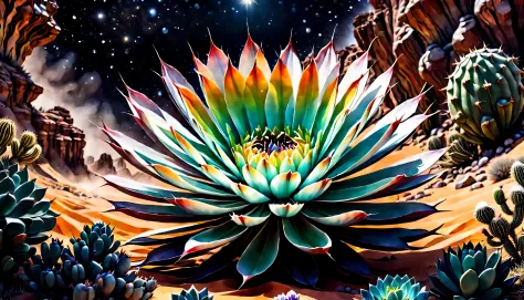 insane Desert Canyon illustration, midnight art, dim snow, cactus glass flower, natural lighting, dynamic angle, cinematic still...