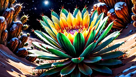 insane Desert Canyon illustration, midnight art, dim snow, cactus glass flower, natural lighting, dynamic angle, cinematic still...