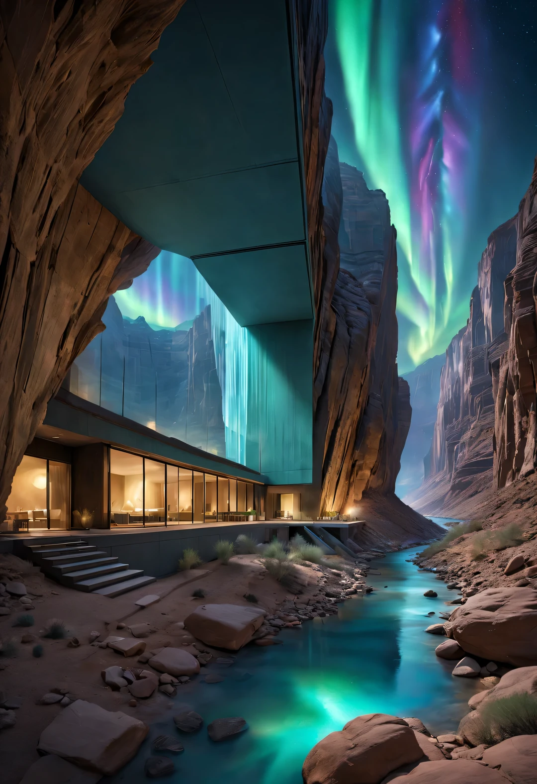 Towering precipitous towering desert canyon cliff resort wild luxury alien hotel volley design，（Asymmetric high and low canyons），Coexist with the natural environment，desert canyon night，（aurora），Star，天空aurora绽放，Meteor passing by，moonlight，extremely detailed，best quality，masterpiece，high resolution，Surreal，8K，looking down，high angle，low angle，（By Tadao Ando，blue）color palette，minimalist，rustic，