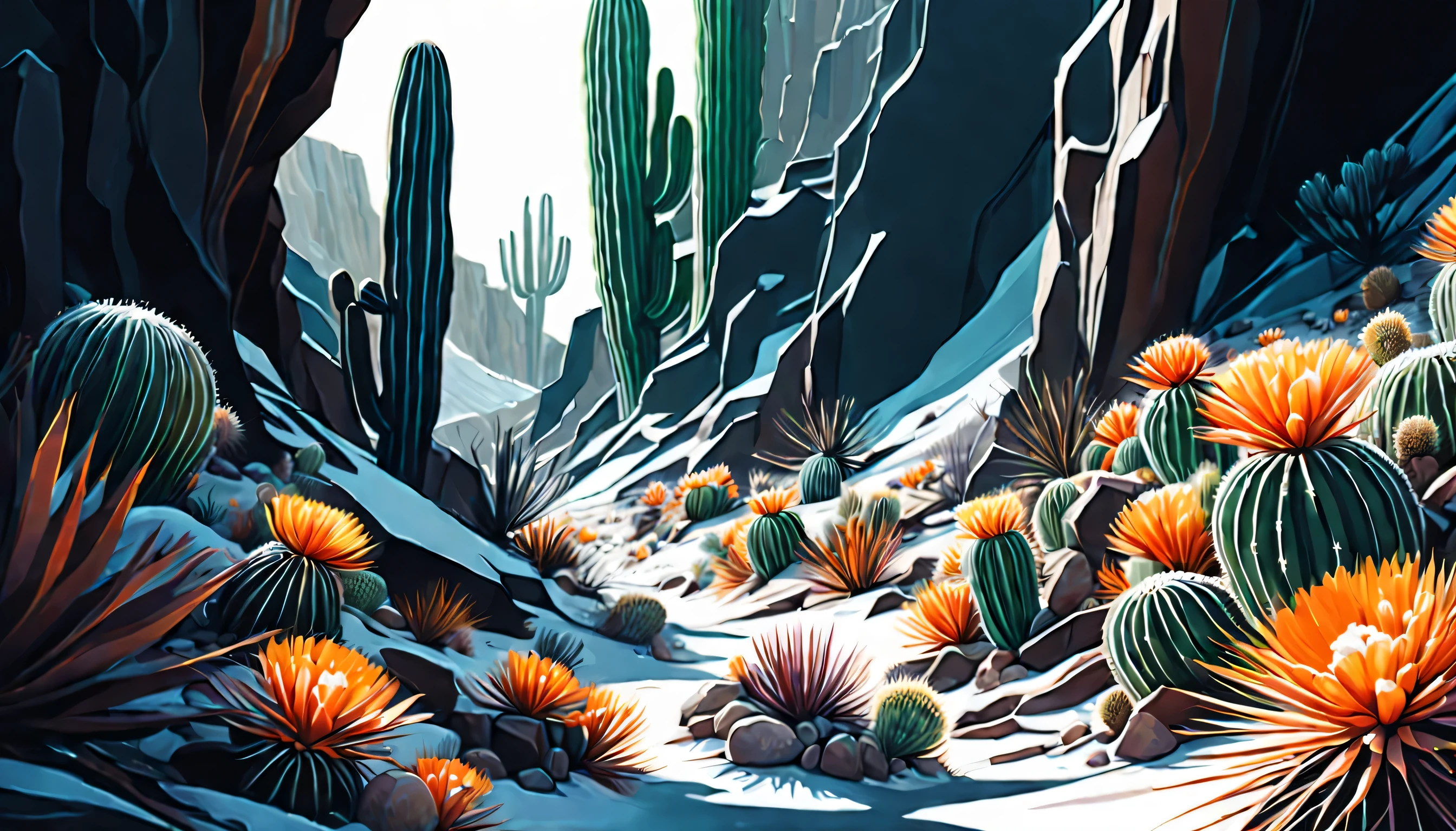 insane Desert Canyon illustration, midnight art, snow, cactus glass flower, natural lighting, dynamic angle, cinematic still, gouache, intricate detail, rich colored, dark fantasy and atompunk, insane, complexity theory, beauty fantasy topography, high contrast, highly quality, true masterpiece, insane and intricate detail rendering, stunning 32k rendering, beautiful detail glow, stylish atmosphere, intricate delicate brush stroke,