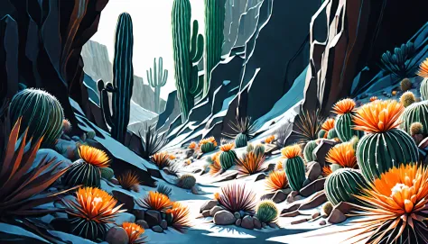 insane Desert Canyon illustration, midnight art, snow, cactus glass flower, natural lighting, dynamic angle, cinematic still, gouache, intricate detail, rich colored, dark fantasy and atompunk, insane, complexity theory, beauty fantasy topography, high con...