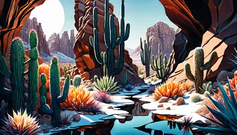 insane Desert Canyon illustration, midnight art, snow, cactus glass flower, natural lighting, dynamic angle, cinematic still, gouache, intricate detail, rich colored, dark fantasy and atompunk, insane, complexity theory, beauty fantasy topography, high con...