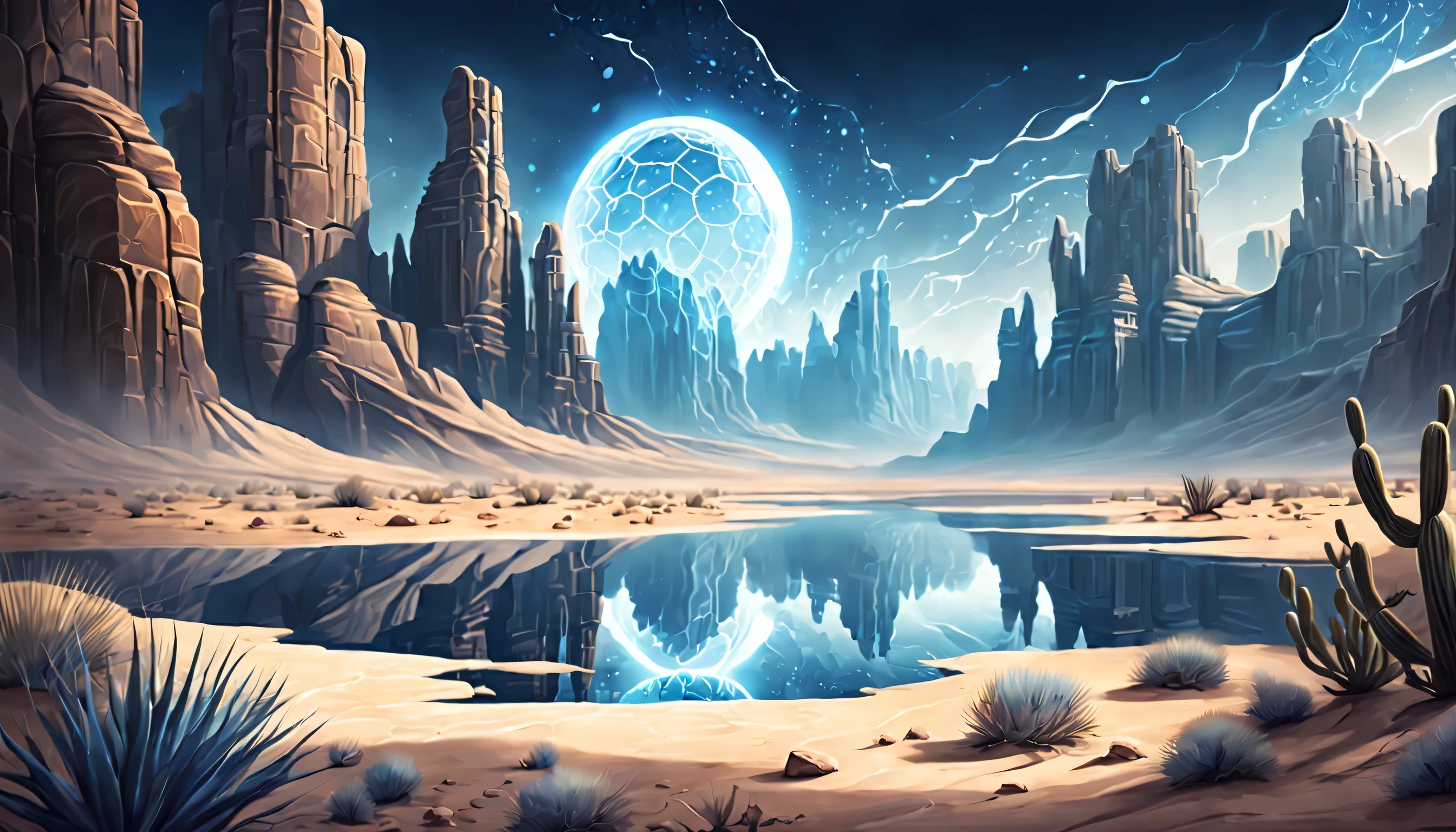 2d game graphics, delicate dark-fantasy Desert Canyon illustration, delicate pale coloring, intricate and insane detailed, fantastic fantasy water beautiful sky  background, tonal contrast, dim glow lighting, fear atmosphere, high detail, high quality, highlight, beautiful awe glow detail, high resolution, top quality, stunning detail and fine rendering, gouache and oil paint, digital paint, stunning matte paint masterpiece, fine broken glass effect around, totalitarianism, addition steampunk coating, adds dark blue and white, particle glow, transcendentalism, realistic,