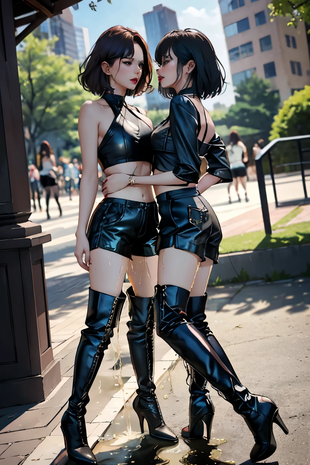 Two women in latex posing for a picture on a city street - SeaArt AI