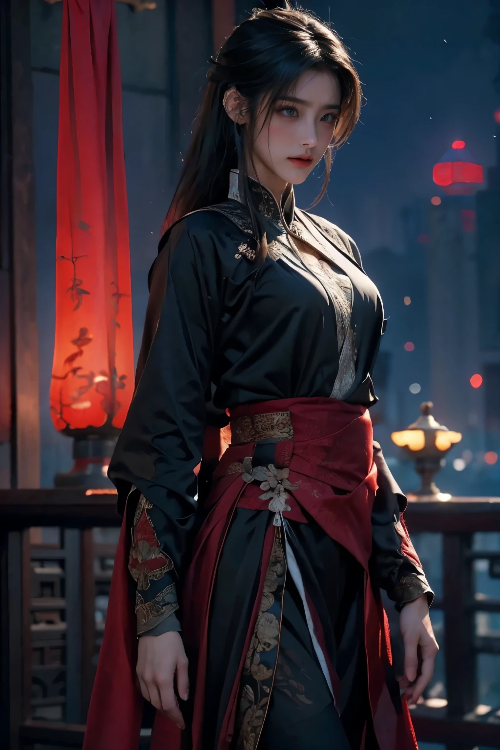 Masterpiece，The best qualities，Very high resolution，8K，((Portrait))，((Head close-up))，Original photo，real photo，Digital Photography，
(Female assassins in ancient China)，(Girl in tights)，15-year-old girl，(Facial features rich in detail)，Beautiful pupils，(Long black hair)，Elegant and noble，(Frown)，brave，(Silk tights in perspective，Silk fabriclack)，Female assassins，hitman，Chinese Characters，Fantasy style，
Photo poses，Forest background at night，Movie lights，Ray tracing，Game CG，((3D Unreal Engine))，oc rendering reflection texture