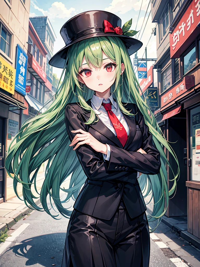 （（（masterpiece、Highest image quality、highest quality、highly detailed unity 8ｋwallpaper）））、（（Illustration of one girl））、（（（beautiful girl）））、（（green hair、long hair、straight、red eyes））、（Men、silk hat、tuxedo）、street corner