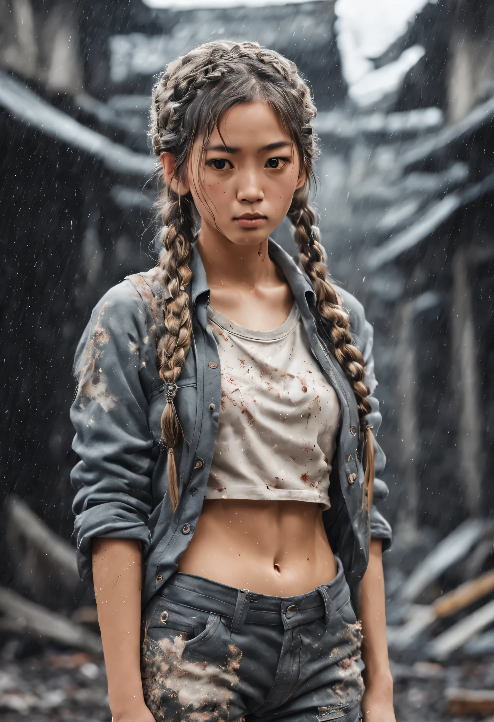 niña japonesa linda con el cabello en una trenza, Manos en bolsillos de pantalones rasgados y rotos., parado en una distopía, lloviendo ceniza que parece brillantina, foto antigua, rayones y polvo, Fotorrealista