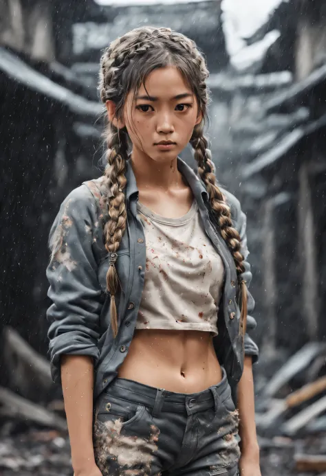 japanese cute girl hair in a braid, hands in ripped and torn pant pockets, standing in a dystopia, raining ash that looks like g...