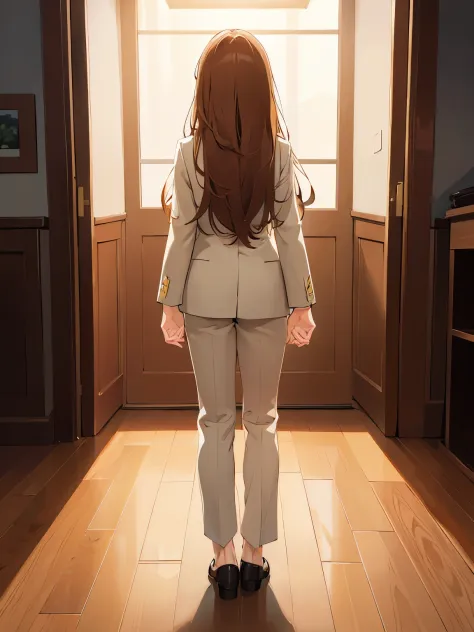 back view, Bright chestnut medium long hair、beige suit、Are standing、brown eyes、Alone
