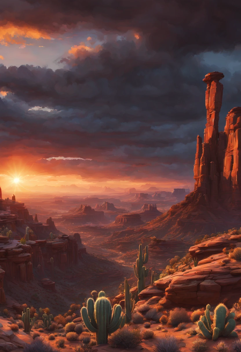 A Canyonlands national park sunset; Moab, ravens, cacti in bloom, dramatic sky and sunset, cinematic quality, high detailed landscape. intricate details, HDR, beautifully shot, hyperrealistic, sharp focus, 64 megapixels, perfect composition, high contrast, cinematic, atmospheric, moody. detailed matte painting, deep color, fantastical, intricate detail, splash screen, complementary colors, fantasy concept art, 8k resolution trending on Artstation Unreal Engine 5