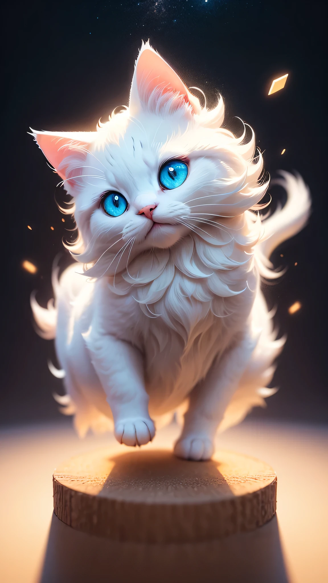 A white cat with blue eyes is standing on a wooden platform - SeaArt AI