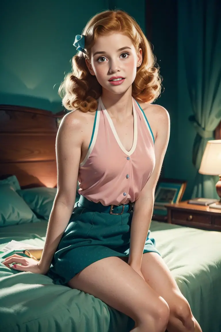 14 years old strawberry-blonde girl, 14-year old Jessica Chastain lookalike, 5’6”, 100 pounds, 30A-20-30, high-waisted, ((long s...