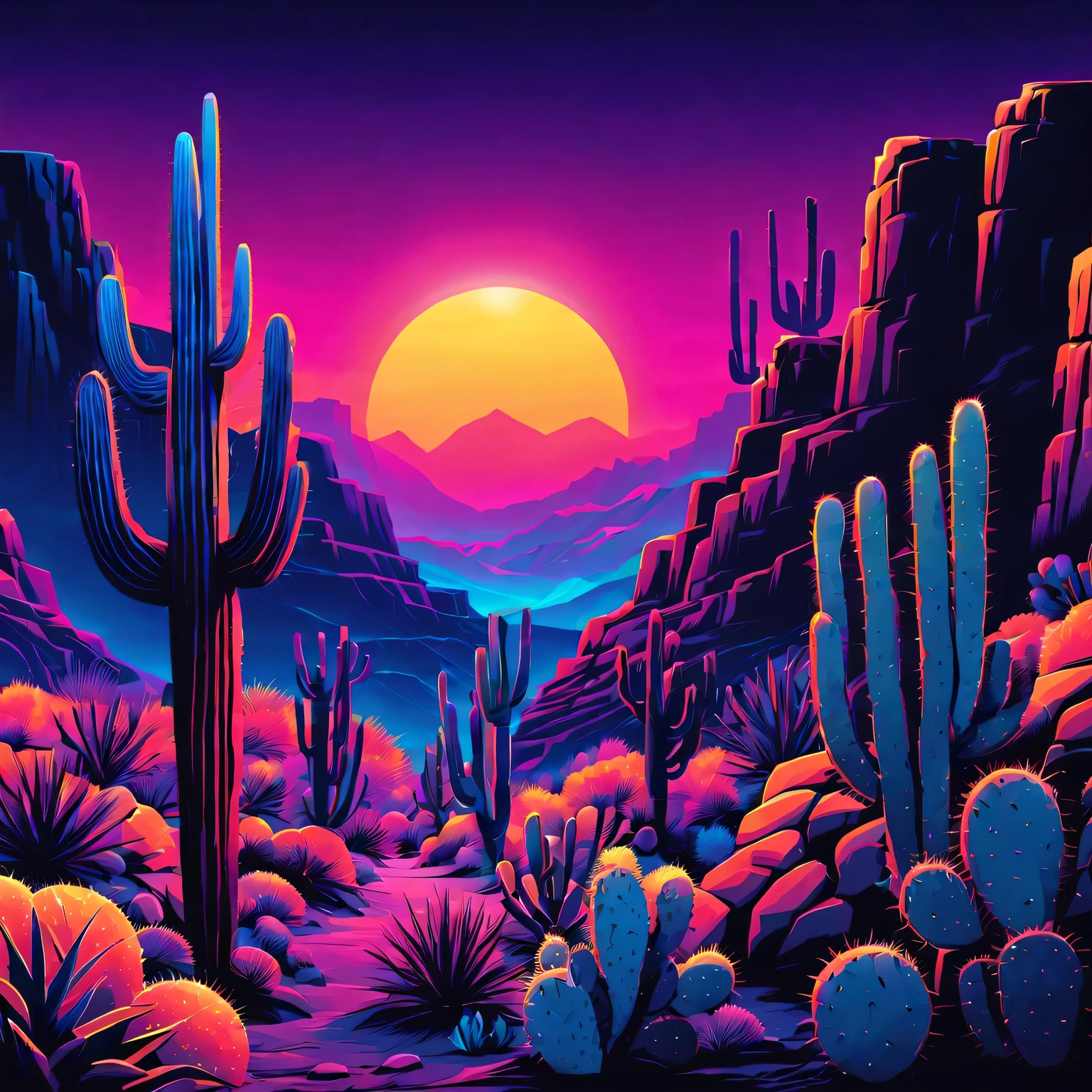 沙漠峽谷，仙人掌和太陽，向量化，合成波，紫色 藍色 紅色 橙色，深色背景上明亮的霓虹燈顏色，最好的品質,4k,8K,高解析度,傑作:1.2,超詳細,实际的:1.37