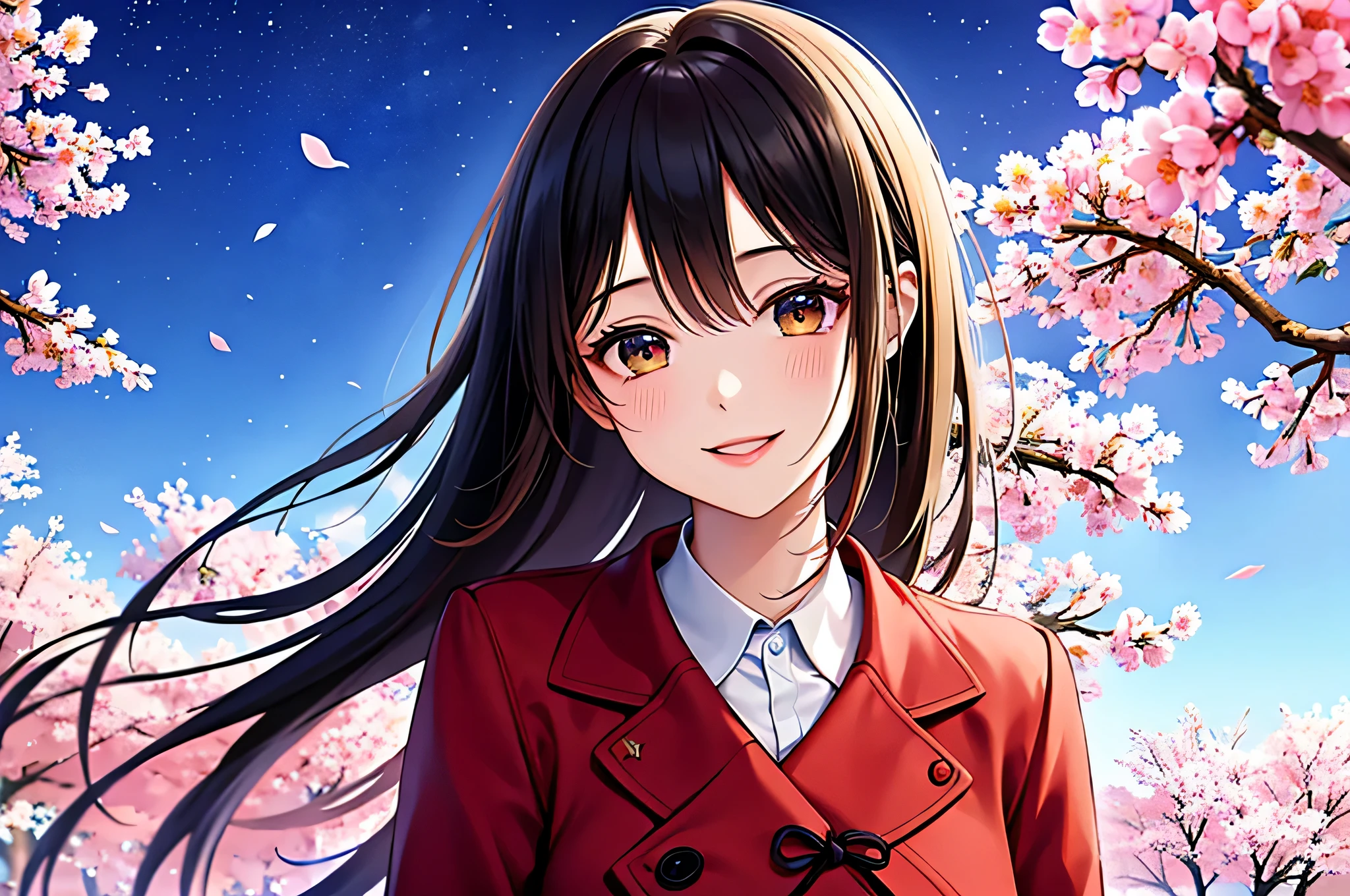 ultra high resolution、8K,​Masterpiece、quality、There are many cherry blossoms in the sky、woman、only one person、contour、a smile、Sakura Evolution Conference、soar、Beauty、night sky、mouth smile、The person should be on the far right、Upper body only、Red woolen coat holding nothing in handlack hair、starry sky