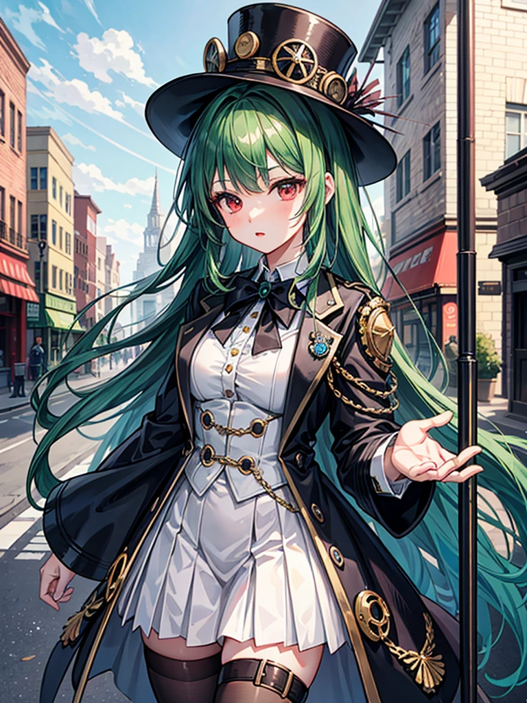 （（（masterpiece、Highest image quality、highest quality、highly detailed unity 8ｋwallpaper）））、（（Illustration of one girl））、（（（beautiful girl）））、（（green hair、long hair、straight、red eyes））、（（Men：1.2、silk hat、tuxedo））、steampunk、chimney、１９street corner of the century