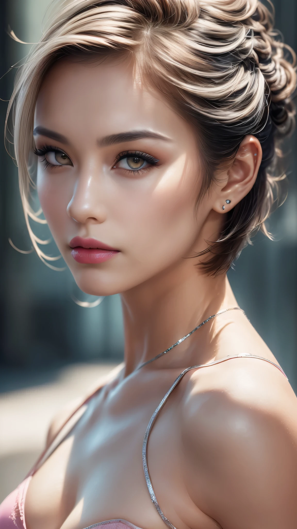 dressed, (photo realistic:1.4), (hyper realistic:1.4), (realistic:1.3), (smoother lighting:1.05), (increase cinematic lighting quality:0.9), 32K, 1girl,28yo girl, realistic lighting, backlighting, light on face, ray trace, (brightening light:1.2), (Increase quality:1.4), (best quality real texture skin:1.4), finely detailed eyes, finely detailed face, finely quality eyes, (tired and sleepy and satisfied:0.0), ((face closeup)), bikini, korean girl, (Increase body line mood:1.1), (Increase skin texture beauty:1.1), (light makeup, [pink lipstick], eyeliner), [Brown eyes], (side swept short hair, (with platinum color)), extremely detailed hair,