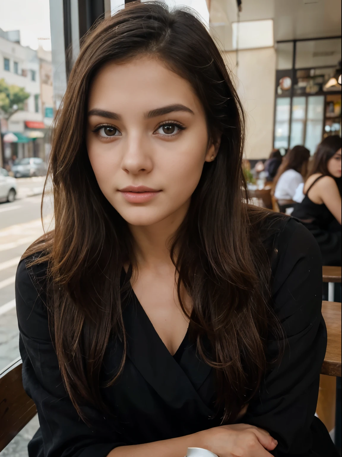 A close up of a woman sitting at a table with a plate of food - SeaArt AI