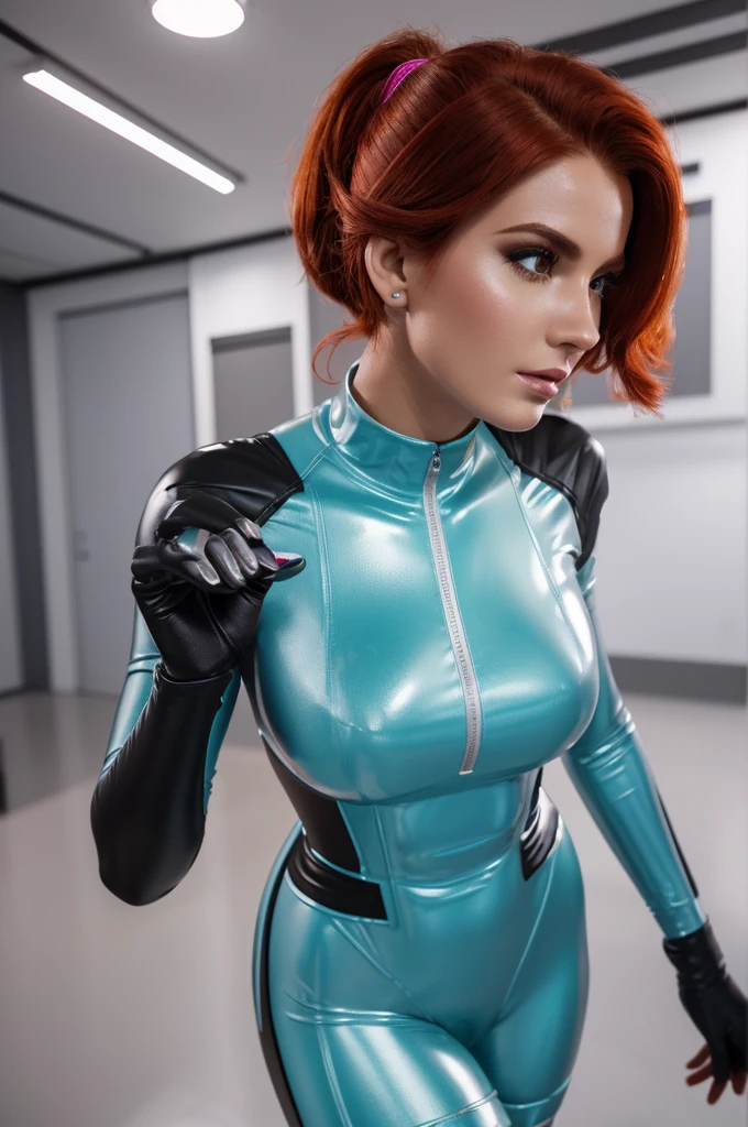 (best quality,8k:1.2,high resolution:1.2),ultra-detalhado,Realistic,vintage science fiction female superhero,retro, red hair,belos olhos detalhados,beautiful detailed lips,rosto extremamente detalhados,long eyelashes,Collant de nylon Apertado,pantyhose,metalic gloves, Glossy plastic accessories,fundo branco neutro,profissional,vivid colors,Physically-based rendering,foco nítido,studio lighting,artistas conceituais