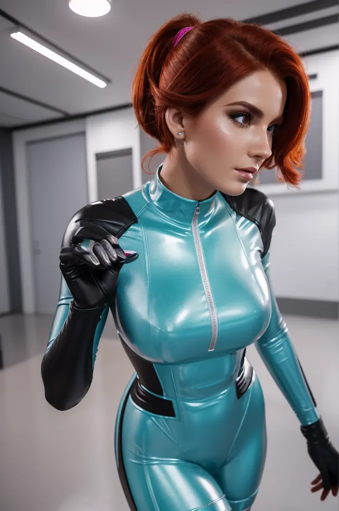 (best quality,8k:1.2,high resolution:1.2),ultra-detalhado,Realistic,vintage science fiction female superhero,retro, red hair,bel...