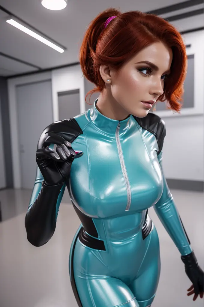 (best quality,8k:1.2,high resolution:1.2),ultra-detalhado,realistic,vintage science fiction female superhero,retro, red hair,bel...