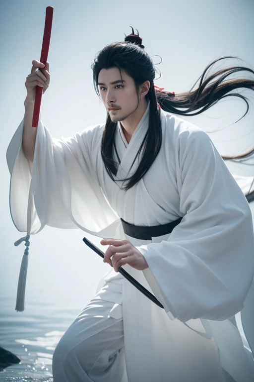 Primer plano de un hombre con túnica negra sosteniendo un ventilador y girando en círculos, hanfu blanco, inspirado por Zhang Han, cai xukun, Príncipe hermoso y guapo., hermosamente, heise jinyao, Artes marciales de cuerpo completo, inspired by Guan Daosheng, pelo suelto y vestido, inspirado en Gu An, hanfu, túnica blanca que fluye，Fondo antigua ciudad china