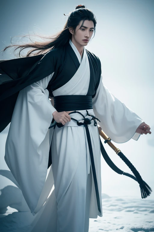 Close-up of man in black robe holding fan and spinning in circles, white hanfu, Inspired by Zhang Han, cai xukun, Beautiful and handsome prince, Beautifully, heise jinyao, full body martial arts, inspired by Guan Daosheng, flowing hair and gown, Inspired by Gu An, hanfu, flowing white robe，Background ancient chinese city