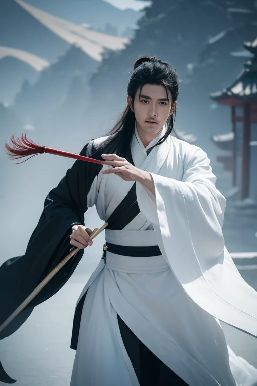Close-up of man in black robe holding fan and spinning in circles, white hanfu, Inspired by Zhang Han, cai xukun, Beautiful and handsome prince, Beautifully, heise jinyao, full body martial arts, inspired by Guan Daosheng, flowing hair and gown, Inspired by Gu An, hanfu, flowing white robe，Background ancient chinese city