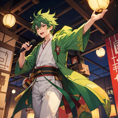 A two-dimensional animated young man around 23 years old with a vibrant deep green, olive-toned hairstyle. The character's hooded kimono is adorned with a prominent cactus pattern, making the cacti elements more pronounced and central to the design, alongs...