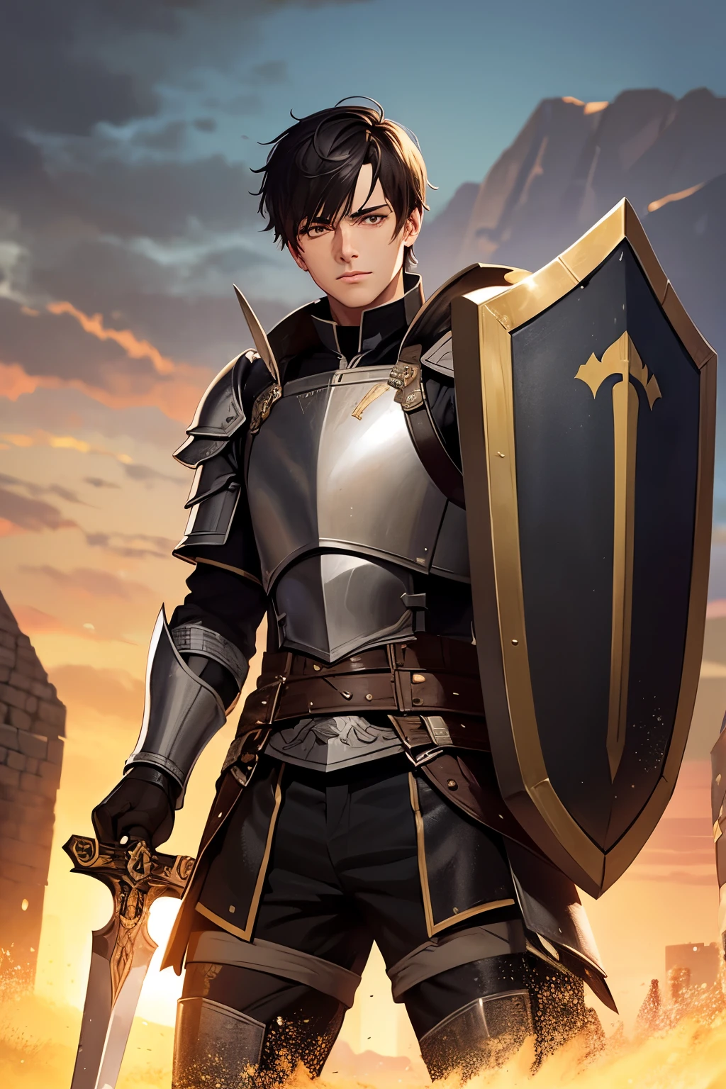 A young man, black short hair, clean-shaven, brown eyes, athletic build, plate armor, a shield in one hand, a sword in the other, a fortress in the background