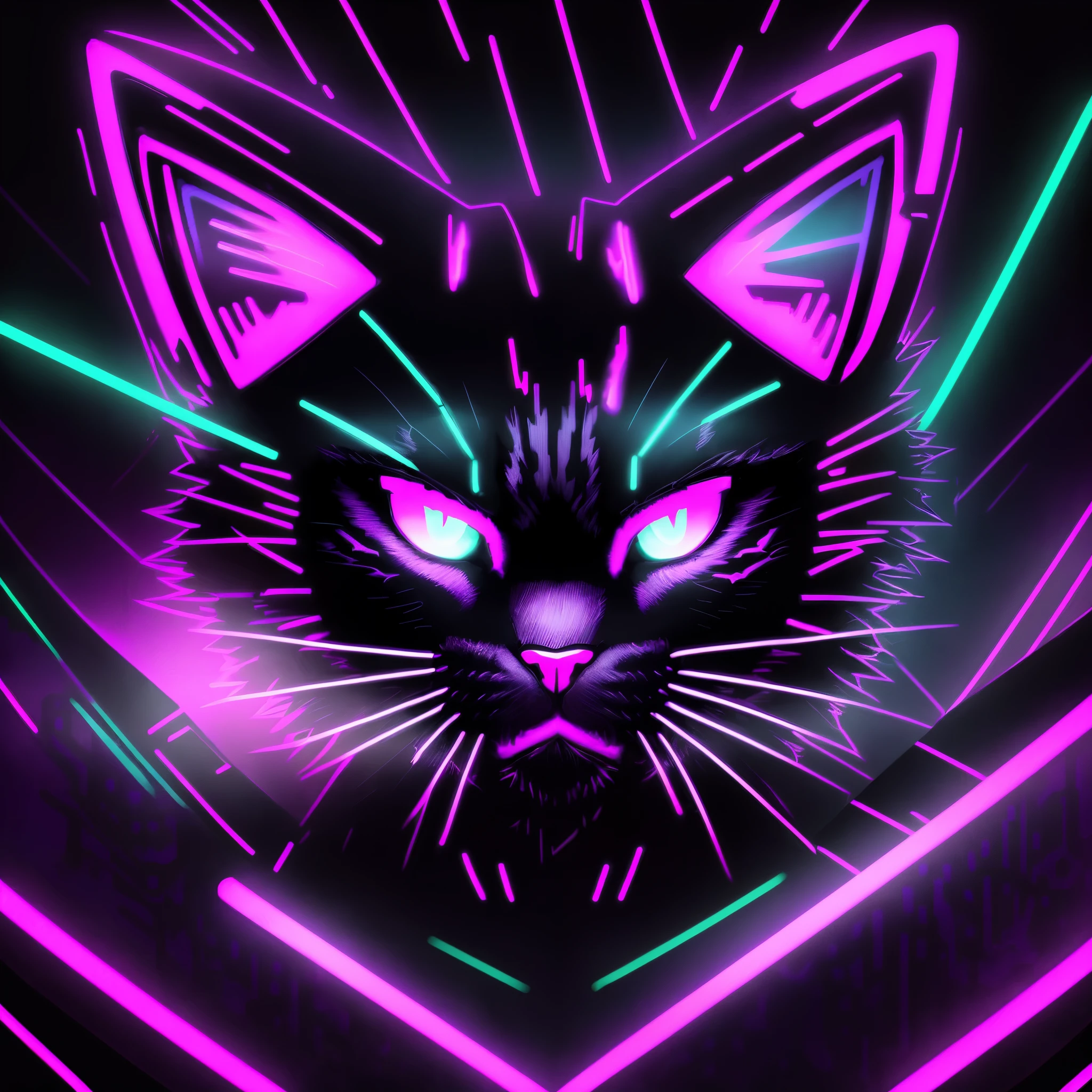 neon cat head on a black background with a purple background, beautiful neon cats, metal cat ears and glowing eyes, neon art style, stylized neon, neon art, with glowing yellow eyes, neon digital art, made of neon light, neon glowing eyes, cyberpunk cat, neon glowing, neon outline, neon outlines, glowing neon, with neon lighting