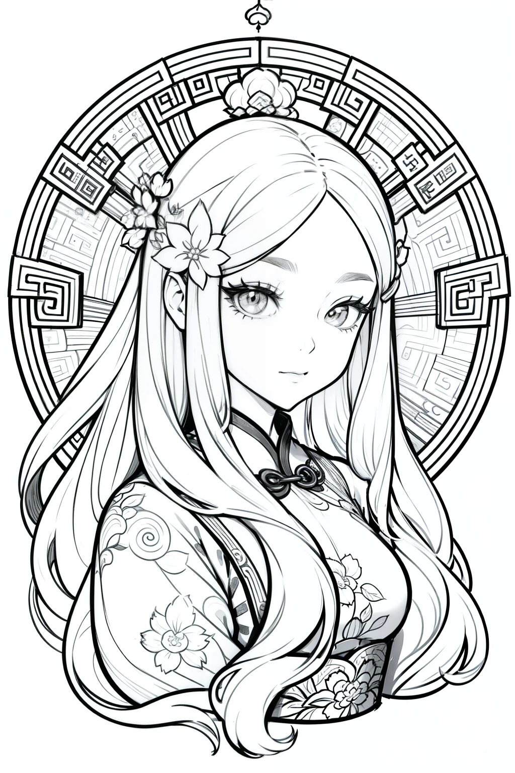 (Cloisonnism:1.2), White background , 1 Long haired Chinese girl head, Oriental elements, reasonable design, Clear lines, (lineart, monochrome)