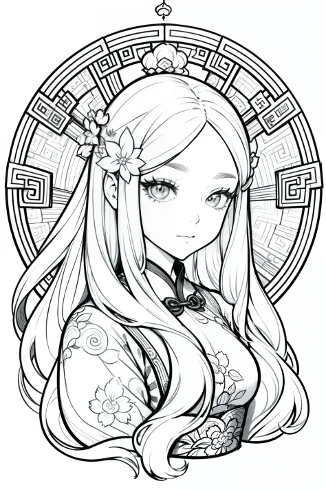 (Cloisonnism:1.2), White background , 1 Long haired Chinese girl head, Oriental elements, reasonable design, Clear lines, (linea...
