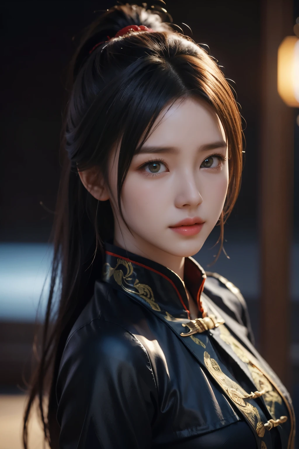 Masterpiece，The best qualities，Very high resolution，8k，((Portrait))，((Head close-up))，Original photo，real photo，Digital Photography， (Female assassins in ancient China)，(Girl in tights)，15-year-old girl，(Facial features rich in detail)，Beautiful pupils，(Long black hair)，Elegant and noble，(Calm)，brave，(Silk tights in perspective，Silk fabriclack)，Female assassins，hitman，Chinese Characters，Fantasy style， Photo poses，Night city background，Movie lights，Ray tracing，Game CG，((3D Unreal Engine))，oc render reflection texture