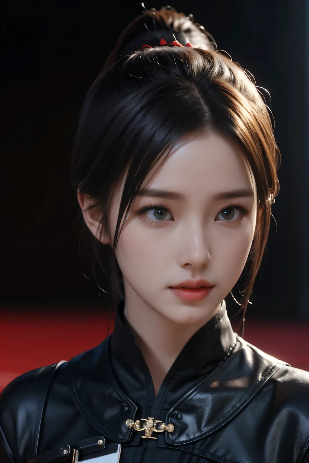 Masterpiece，The best qualities，Very high resolution，8K，((Portrait))，((Head close-up))，Original photo，real photo，数码摄影， (Female assassins in ancient China)，(Girl in tights)，15岁少女，(Facial features rich in detail)，Beautiful pupils，(Long black hair)，优雅高贵，(Calm)，勇敢的，(Black silk onesie，Black silk bodysuit，Black silk cloth)，Female assassins，Killer，中国古代人物，奇幻风格， 拍照姿势，夜晚的城市背景，Movie lights，Ray tracing，Game CG，((3D Unreal Engine))，oc渲染反射纹理