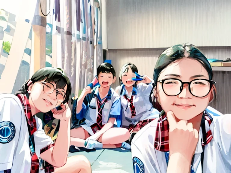 there are four girls in school uniforms posing for a picture, taken with the best dlsr camera, a picture, profile picture 1024px,  my linh, very very low quality picture, photo taken in 2 0 2 0, group photo, captured on iphone, having a time of our un-life, smooth in _ the background, student