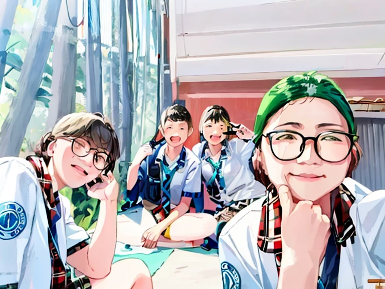 there are four girls in school uniforms posing for 絵, 最高のDLSRカメラで撮影, 絵, プロフィール写真 1024ピクセル,  私の精神, 非常に低品質の画像, 2020年に撮影された写真, グループ写真, iPhoneで撮影, 私たちの非人生の時間を過ごす, スムーズに _ 背景, 学生