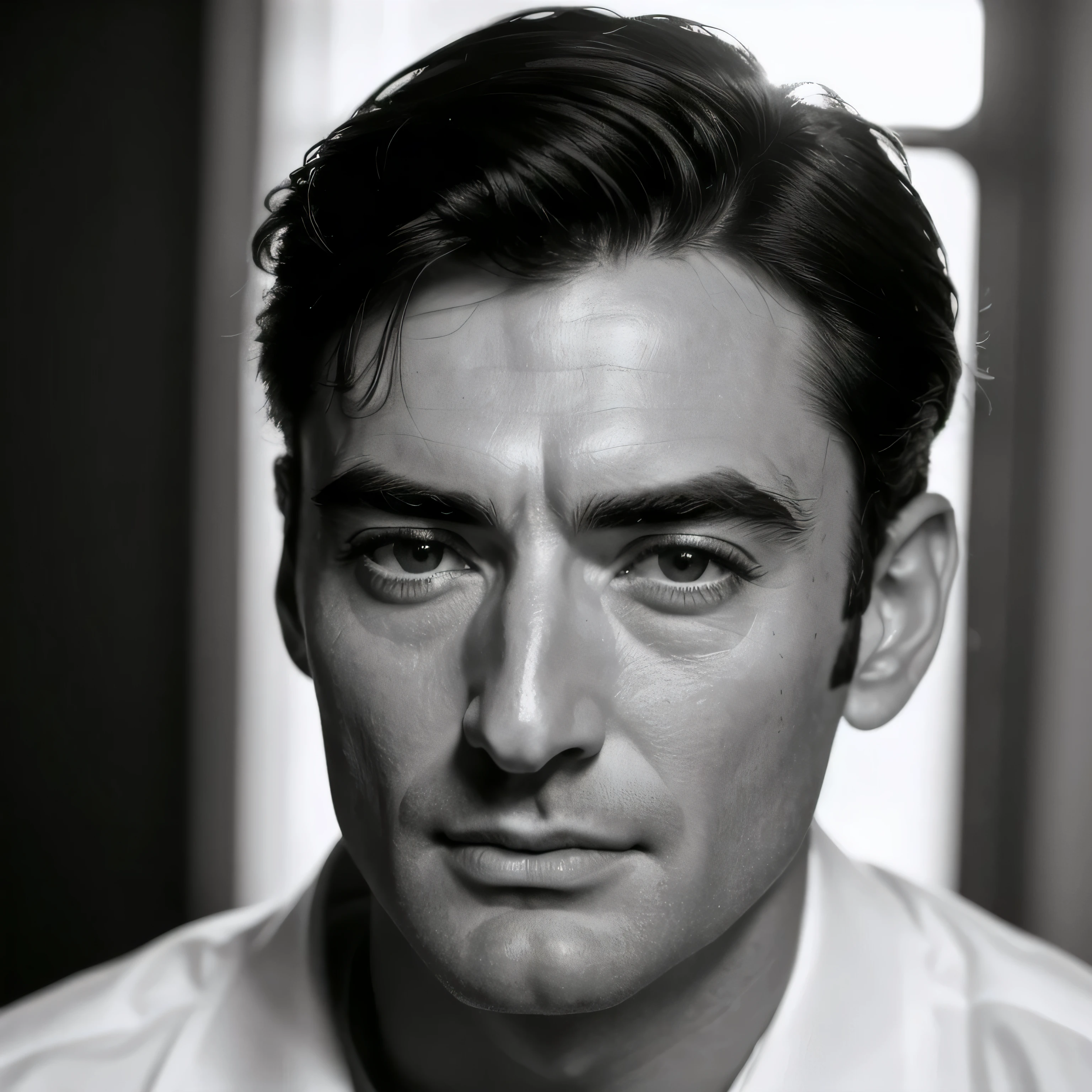 ((black and white filter)), Gregory Peck is a young male 25 years old actor who starred in the Roman Holiday film, short black hair, Gregory Peck portrait photo of a young actor: (Gregory Peck is in the black and white Roman Holiday film), hotel room, Award - winning photograph, Masterpiece, 8k, ultra high res, hyper detailed, perfect flawless face, rule of thirds, Realistic Perfect eyes and pupils, Perfect full lips, highly detailed shining hair, ((detailed facial featureinely detailed skin), realistic skin texture, intricate details, photorealism, hyperrealism, ultra realistic, lifelike textures, cinematic lighting, dramatic lighting, backlight on hair, sharp focus, wide angle, film grain, dslr, raw photo,