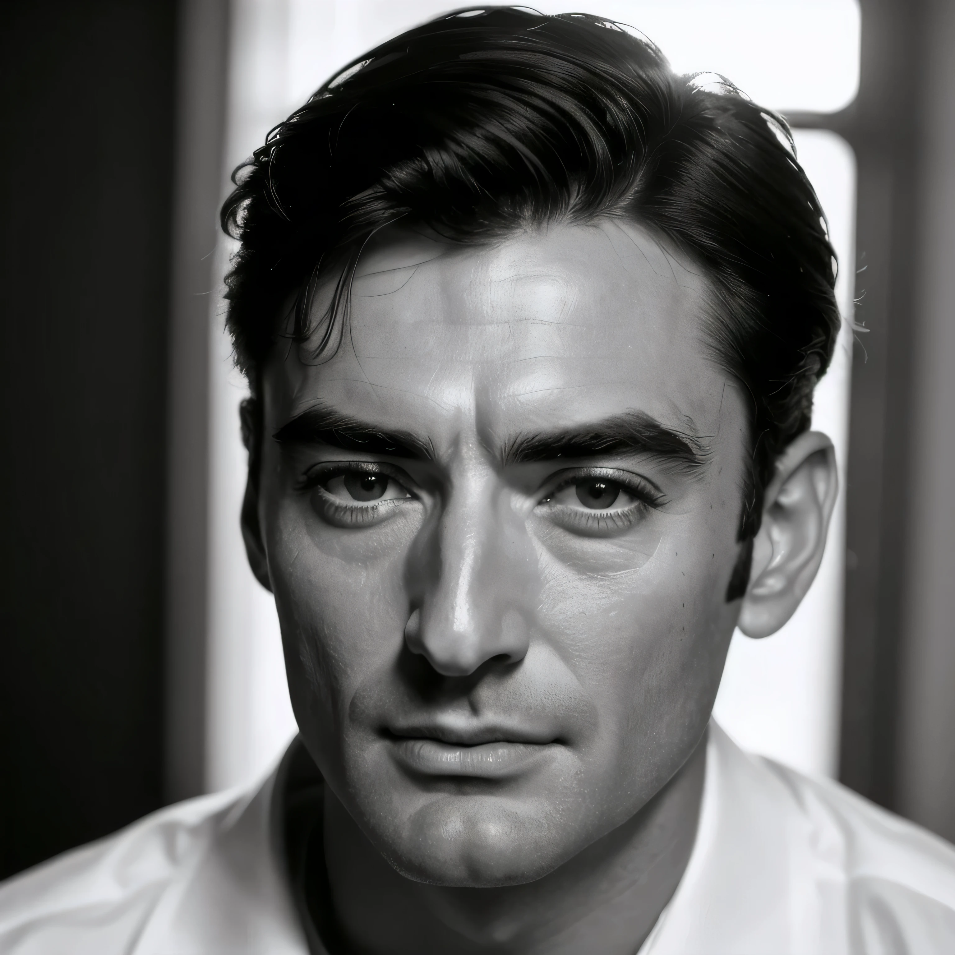 ((filtro preto e branco)), Gregory Peck é um jovem ator que estrelou o filme Roman Holiday, Cabelo preto curto, Foto do retrato de Gregory Peck de um jovem ator: (Gregory Peck está no filme Roman Holiday em preto e branco), quarto de hotel, fotografia premiada, obra de arte, 8K, resolução ultra alta, hiper detalhado, rosto perfeito e impecável, regra dos terços, Olhos e pupilas perfeitos realistas, lábios carnudos perfeitos, cabelo brilhante altamente detalhado, ((rosto detalhado pele detalhadamente detalhada), textura de pele realista, detalhes intrincados, fotorrealismo, hiperrealismo, ultra realistic, texturas realistas, iluminação cinematográfica, iluminação dramática, luz de fundo no cabelo, foco nitído, ângulo amplo, grão de filme, DSLR, Foto CRU,