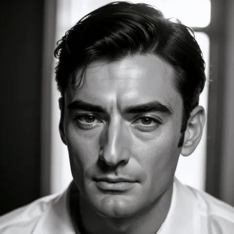 ((black and white filter)), Gregory Peck is a young male 25 years old actor who starred in the Roman Holiday film, short black h...