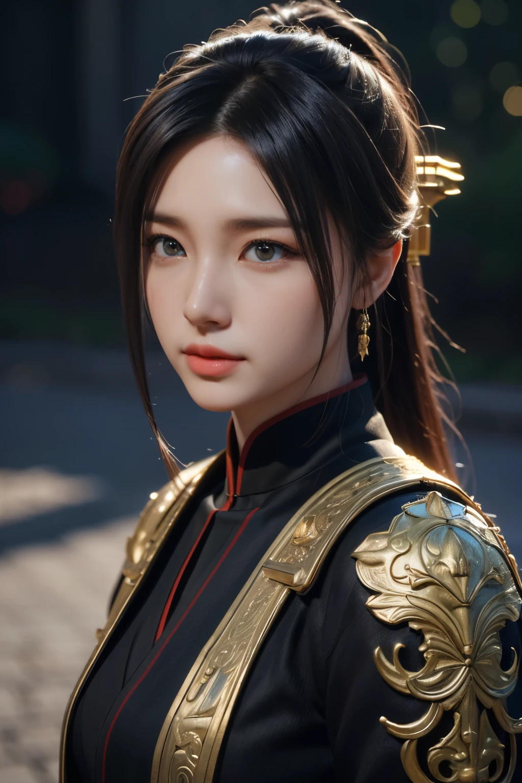 Masterpiece，The best qualities，Very high resolution，8k，((Portrait))，((Head close-up))，Original photo，real photo，Digital Photography， (Female assassins in ancient China)，(Girl in tights)，15-year-old girl，(Facial features rich in detail)，Beautiful pupils，(Long black hair)，Elegant and noble，(Calm)，brave，(Silk Perspective Dreslack silk bodysuit，Silk Perspective Tightemale assassins，hitman，Chinese Characters，Fantasy style， Photo poses，Night city background，Movie lights，Ray tracing，Game CG，((3D Unreal Engine))，oc render reflection texture