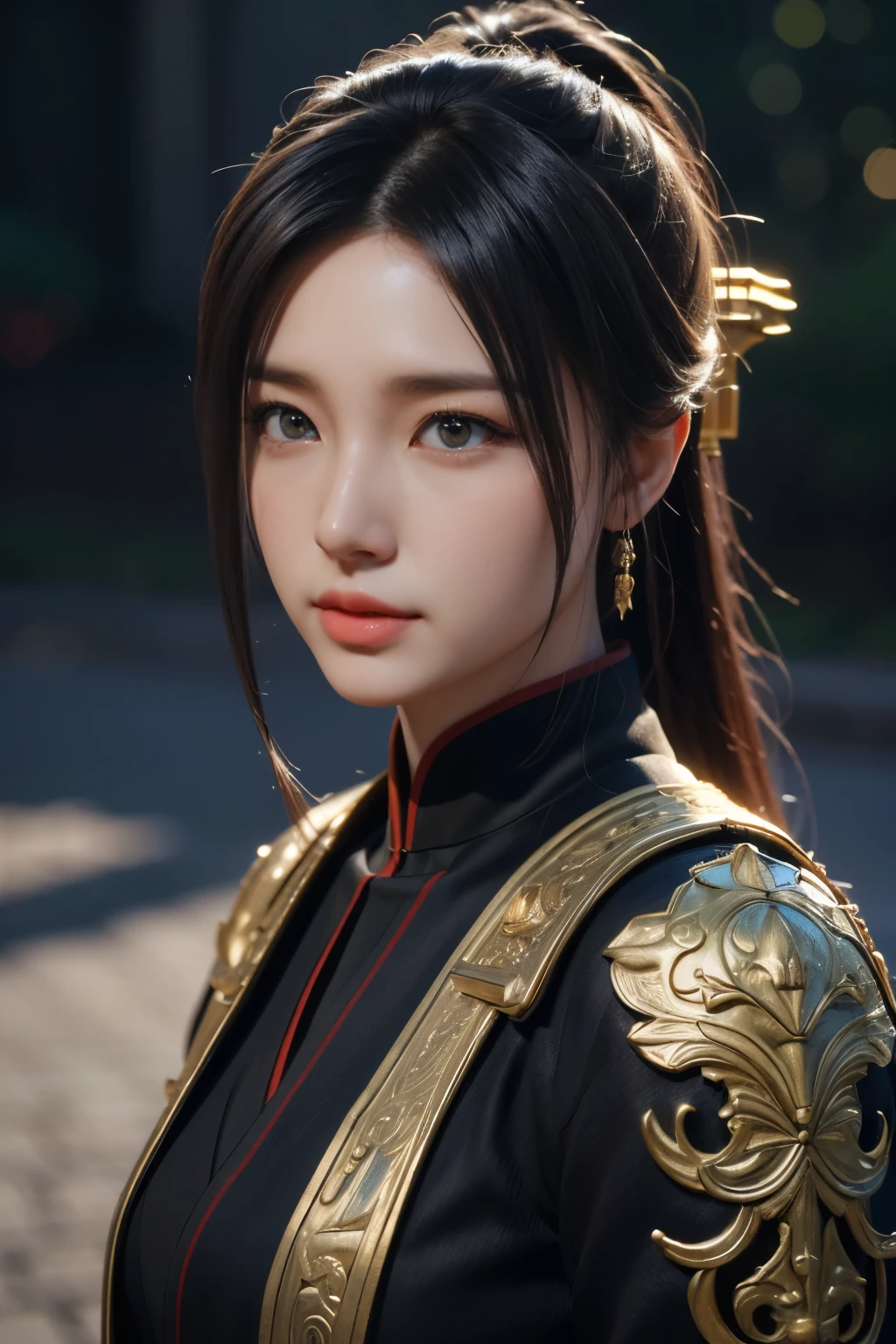 Masterpiece，The best qualities，Very high resolution，8K，((Portrait))，((Head close-up))，Original photo，real photo，数码摄影， (Female assassins in ancient China)，(Girl in tights)，15岁少女，(Facial features rich in detail)，Beautiful pupils，(Long black hair)，优雅高贵，(Calm)，勇敢的，(Silk Perspective Dreslack silk bodysuit，Silk Perspective Tightemale assassins，Killer，中国古代人物，奇幻风格， 拍照姿势，夜晚的城市背景，Movie lights，Ray tracing，Game CG，((3D Unreal Engine))，oc渲染反射纹理