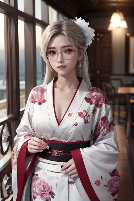 (Fondo de pantalla CG unity 8k extremadamente detallado), la obra de arte más bella del mundo, 1 chica, en un hotel con balcón, con gafas, muy hermoso, Uso de kimono blanco, bluses, Soltero, piel tonificada blanca, introvertido, pecho mediano. 
