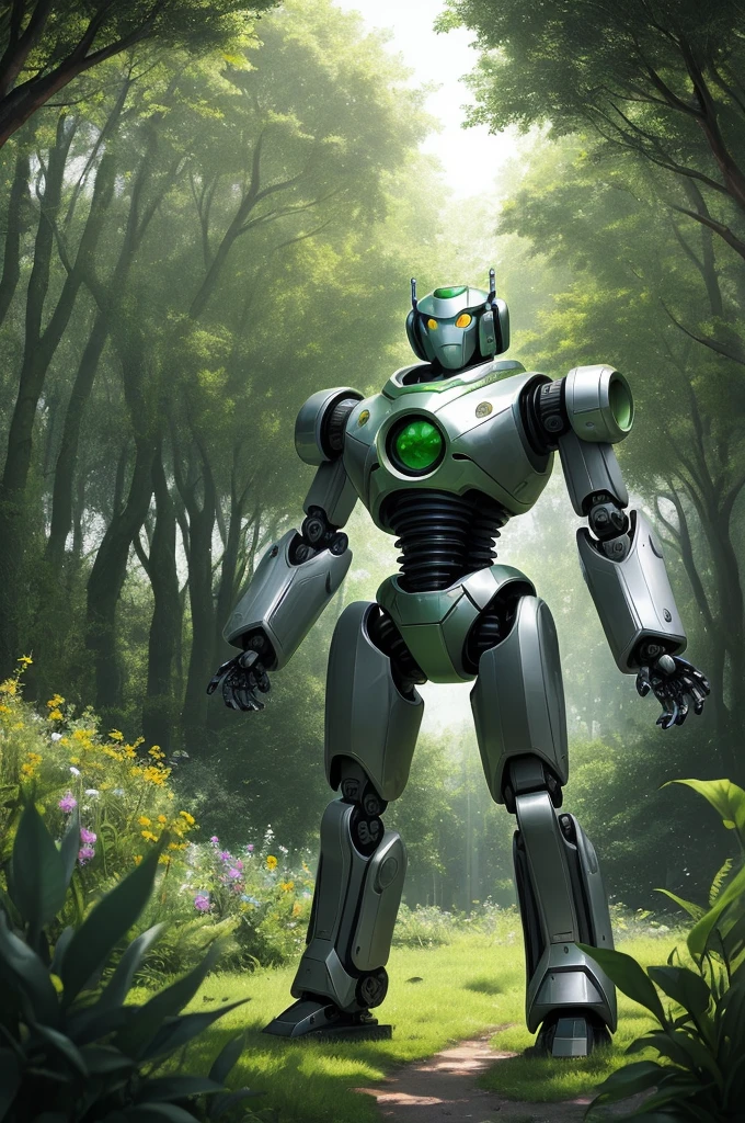 The image features a green and silver robot standing in the midst of a garden lush with greenery. This robot has a robust build and is decorated with prominent yellow eyes. It is at the center of the scene, suggesting a sense of prominence. Surrounding the robot are various plants, steel pipes, and sphere-like silver objects which contribute to the feeling of being in a forest of green plants. Additionally, there is a mention of sunlight and buildings in the background, which gives the image a vibrant and lively atmosphere.