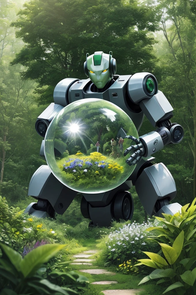 The image features a green and silver robot standing in the midst of a garden lush with greenery. This robot has a robust build and is decorated with prominent yellow eyes. It is at the center of the scene, suggesting a sense of prominence. Surrounding the robot are various plants, steel pipes, and sphere-like silver objects which contribute to the feeling of being in a forest of green plants. Additionally, there is a mention of sunlight and buildings in the background, which gives the image a vibrant and lively atmosphere.