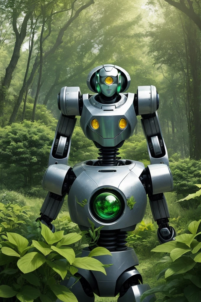 The image features a green and silver robot standing in the midst of a garden lush with greenery. This robot has a robust build and is decorated with prominent yellow eyes. It is at the center of the scene, suggesting a sense of prominence. Surrounding the robot are various plants, steel pipes, and sphere-like silver objects which contribute to the feeling of being in a forest of green plants. Additionally, there is a mention of sunlight and buildings in the background, which gives the image a vibrant and lively atmosphere.