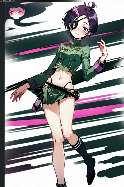 ((revealing clothing)),(High resolution),short hair,eyepatch,purple eyes,purple hair,whole body,pretty embarrassed face,gal,,((small)),,((pretty toned body)),((black clothes)),((muscular body)),((belly button)),cute smile,大きくて長いbelly button,((Green clothes...