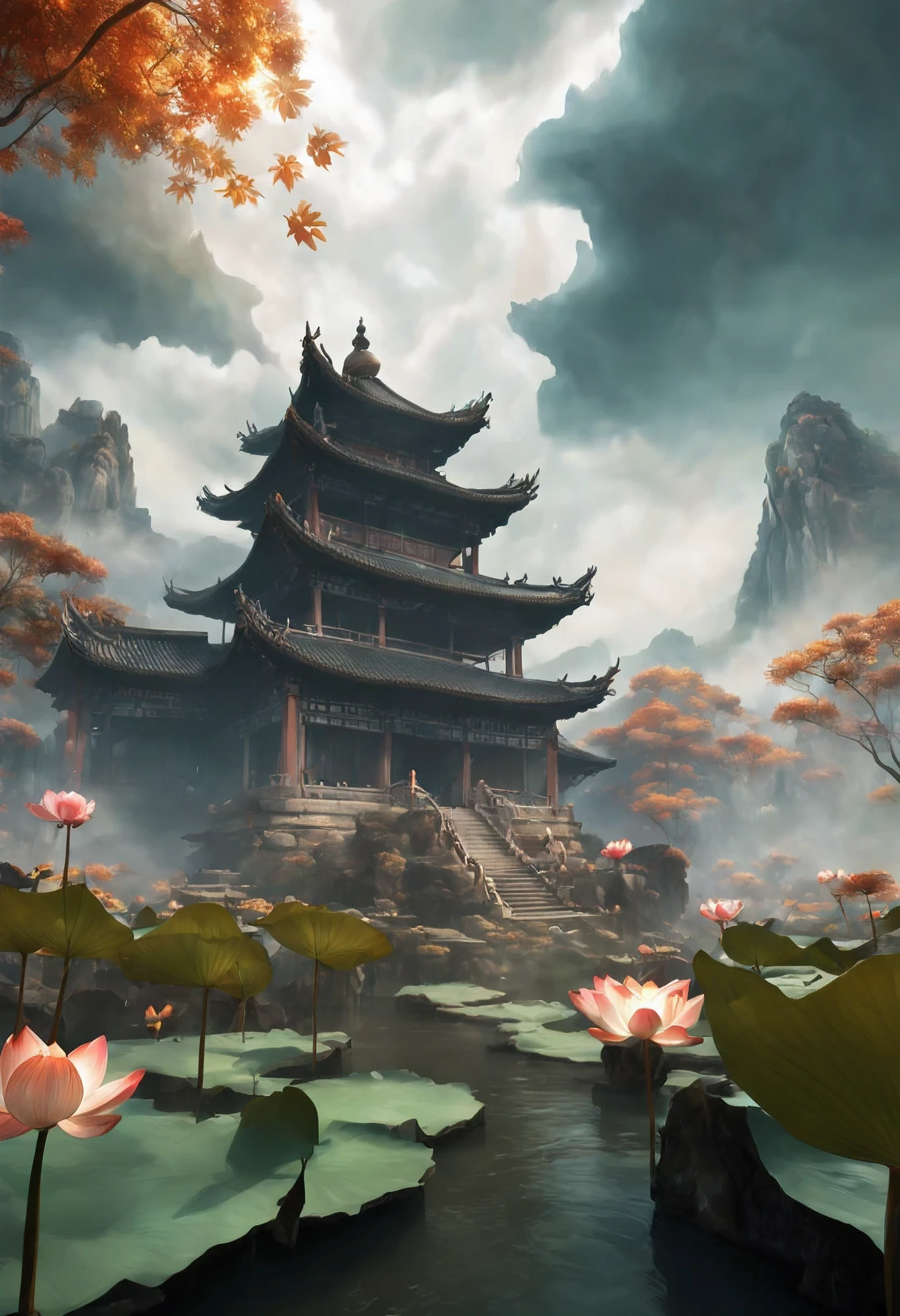 Ancient Chinese 拱itecture, cluster, forest, Natural landscape, outdoor, Fall, Grass, rock, lotus water vapor, landscape pictures，(illustration: 1.0 ), epic work, Realistic lighting, HD details, masterpiece, Best quality and quantity, (Very detailed CG unified 8k wallpaper), (best quality)，4k