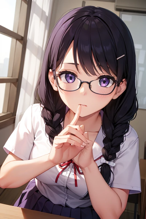 hanekawatsubasa, hanekawa tsubasa, long hair, black hair, hair ornament, (purple eyes:1.1), braid, hairclip, twin braids, naoetsu high school uniform, glasses,
BREAK skirt, school uniform, naoetsu high ,
BREAK indoors, classroom,
BREAK looking at viewer,
BREAK (masterpiece:1.2), best quality, high resolution, unity 8k wallpaper, (illustration:0.8), (beautiful detailed eyes:1.6), extremely detailed face, perfect lighting, extremely detailed CG, (perfect hands, perfect anatomy),