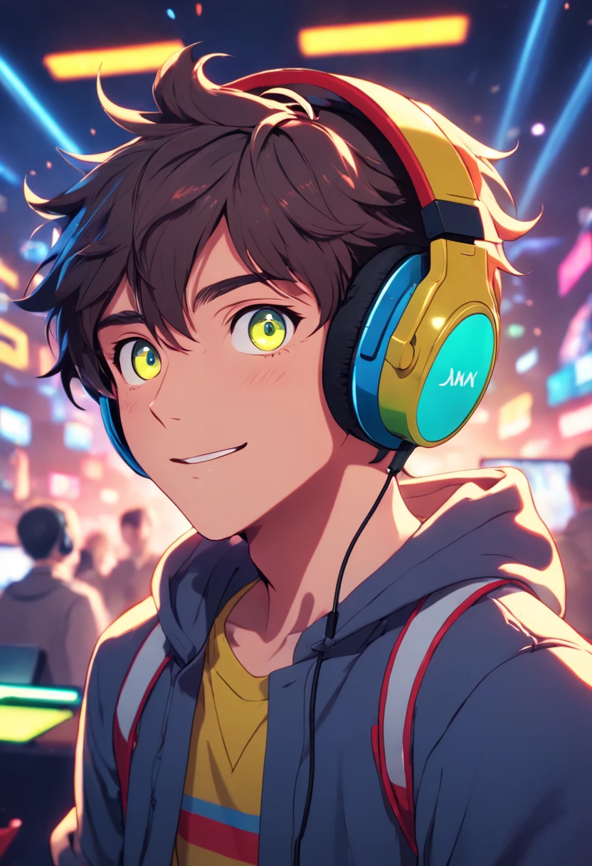 (best quality,8k,highres,masterpiece:1.2),ultra-detailed,realistic, anime style, vibrant colors, soft lighting,half-body shot, detailed eyes and face, headphones, gaming setup, joyful expression, dynamic pose, blurred background, glowing effects, immersive atmosphere, futuristic vibe, youthful energy, boy