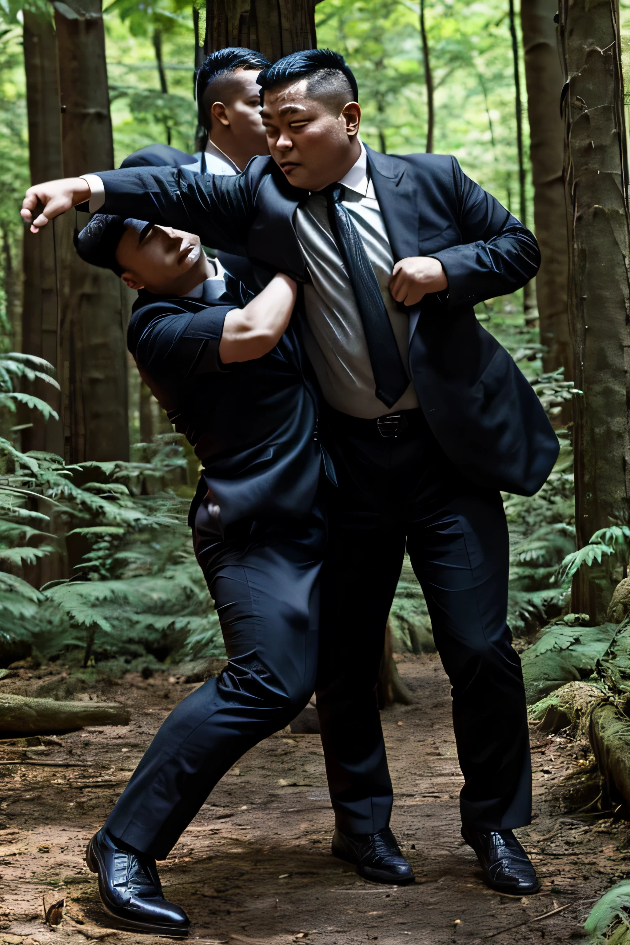 Two men in suits are fighting in the woods with each other - SeaArt AI